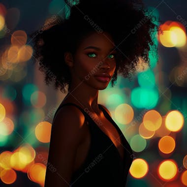 Imagem de uma mulher negra olhos verdes com luzes da cidade desfocadas no fundo 10