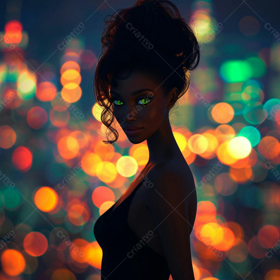 Modelo negra com olhos verdes em fundo de luzes coloridas