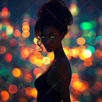 Imagem de uma mulher negra olhos verdes com luzes da cidade desfocadas no fundo 19