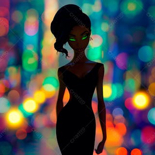 Imagem de uma mulher negra olhos verdes com luzes da cidade desfocadas no fundo 11