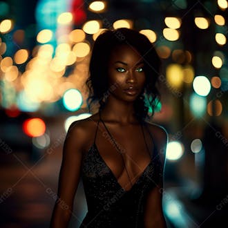 Imagem de uma mulher negra olhos verdes com luzes da cidade desfocadas no fundo 12