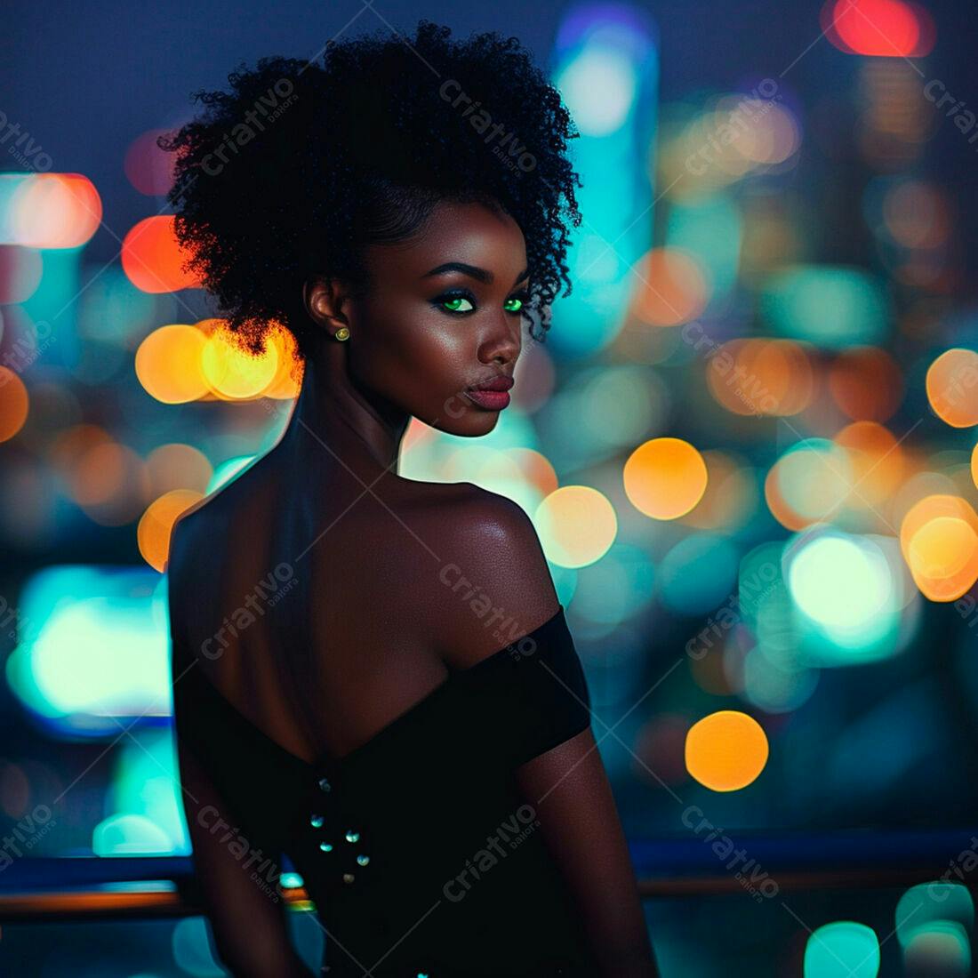 Modelo negra em vestido preto noite cidade