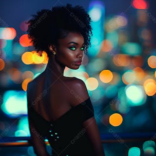 Imagem de uma mulher negra olhos verdes com luzes da cidade desfocadas no fundo 13