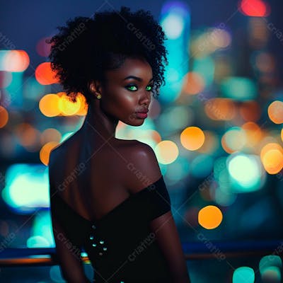 Imagem De Uma Mulher Negra Olhos Verdes Com Luzes Da Cidade Desfocadas No Fundo 13