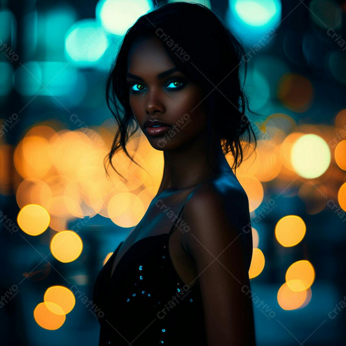 Modelo negra em vestido preto fundo luzes noturnas