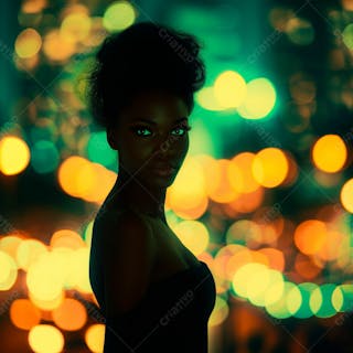 Imagem de uma mulher negra olhos verdes com luzes da cidade desfocadas no fundo 15