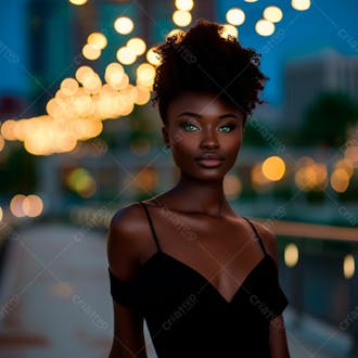 Imagem de uma mulher negra olhos verdes com luzes da cidade desfocadas no fundo 20