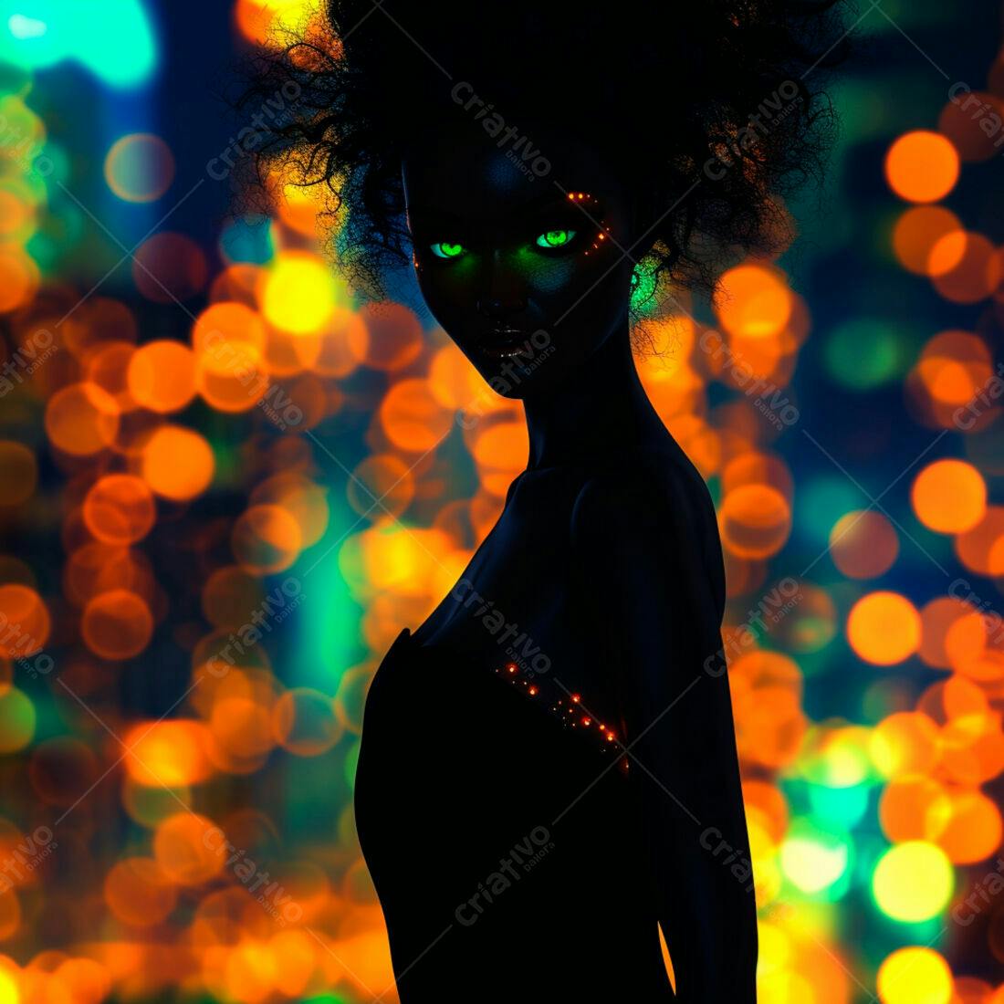 Modelo negra em fundo de luzes vibrantes