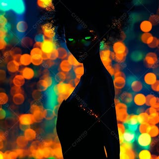 Imagem de uma mulher negra olhos verdes com luzes da cidade desfocadas no fundo 16