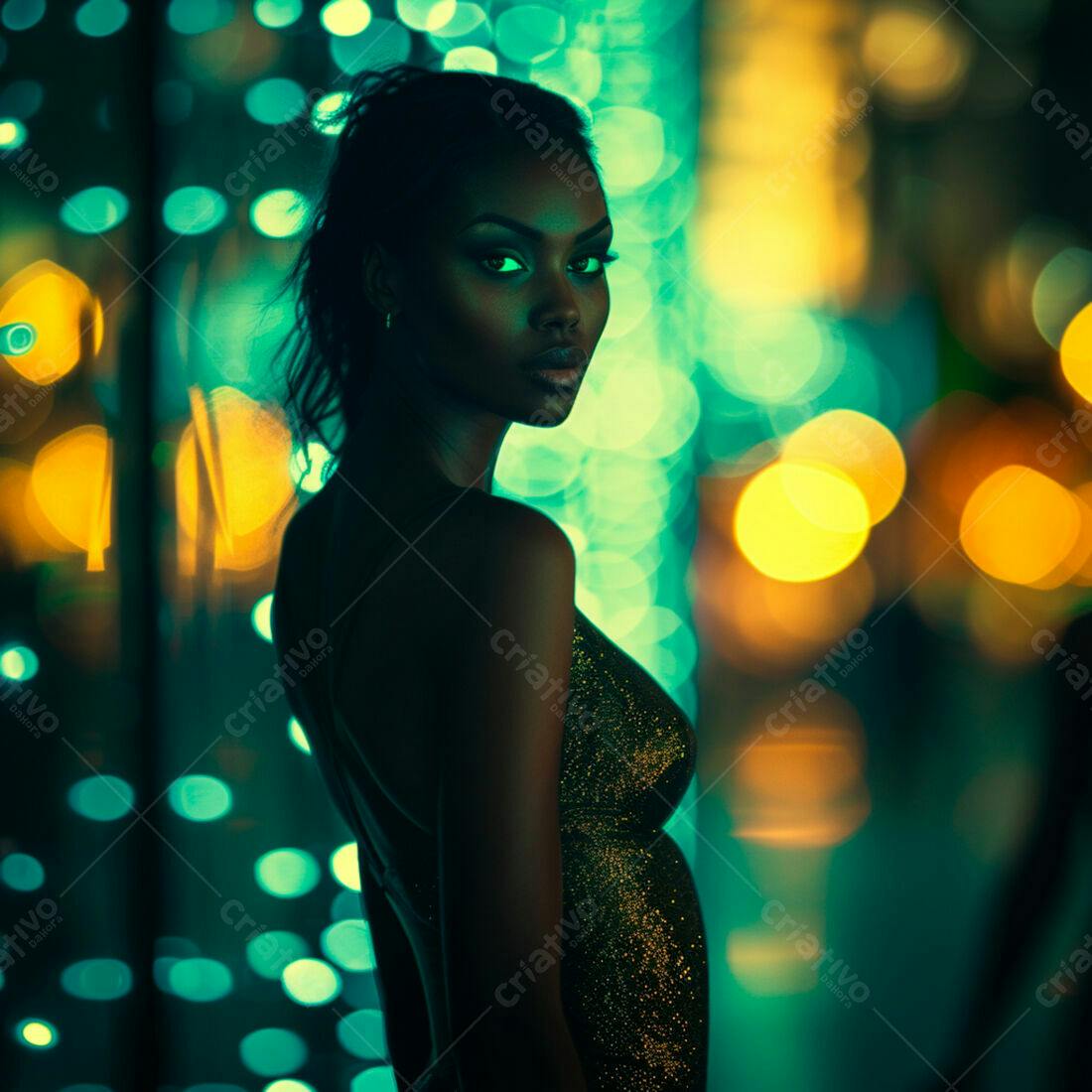Modelo negra em vestido dourado noite cintilante