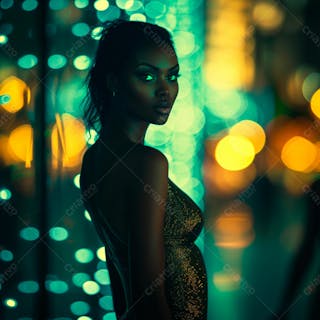 Imagem de uma mulher negra olhos verdes com luzes da cidade desfocadas no fundo 17