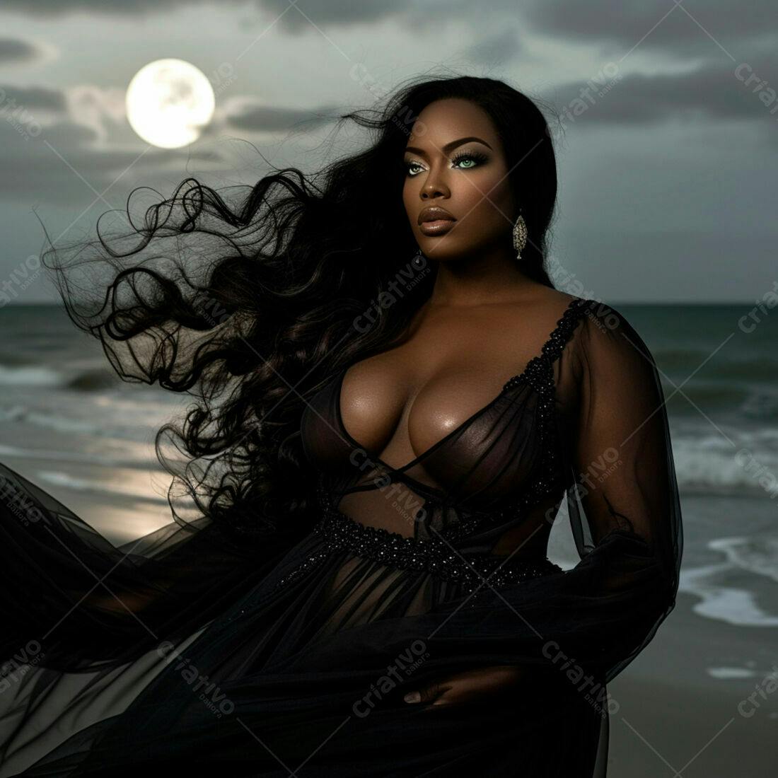 Modelo negra em vestido preto na praia noite lua cheia