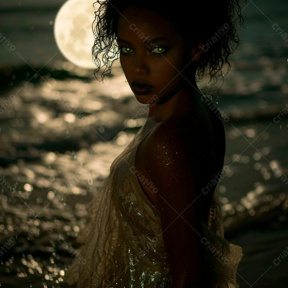 Mulher negra na praia noite lua cheia