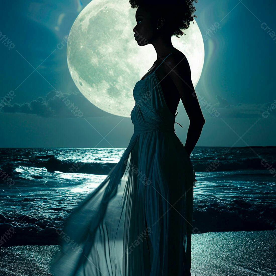 Mulher em vestido na praia noite lua cheia