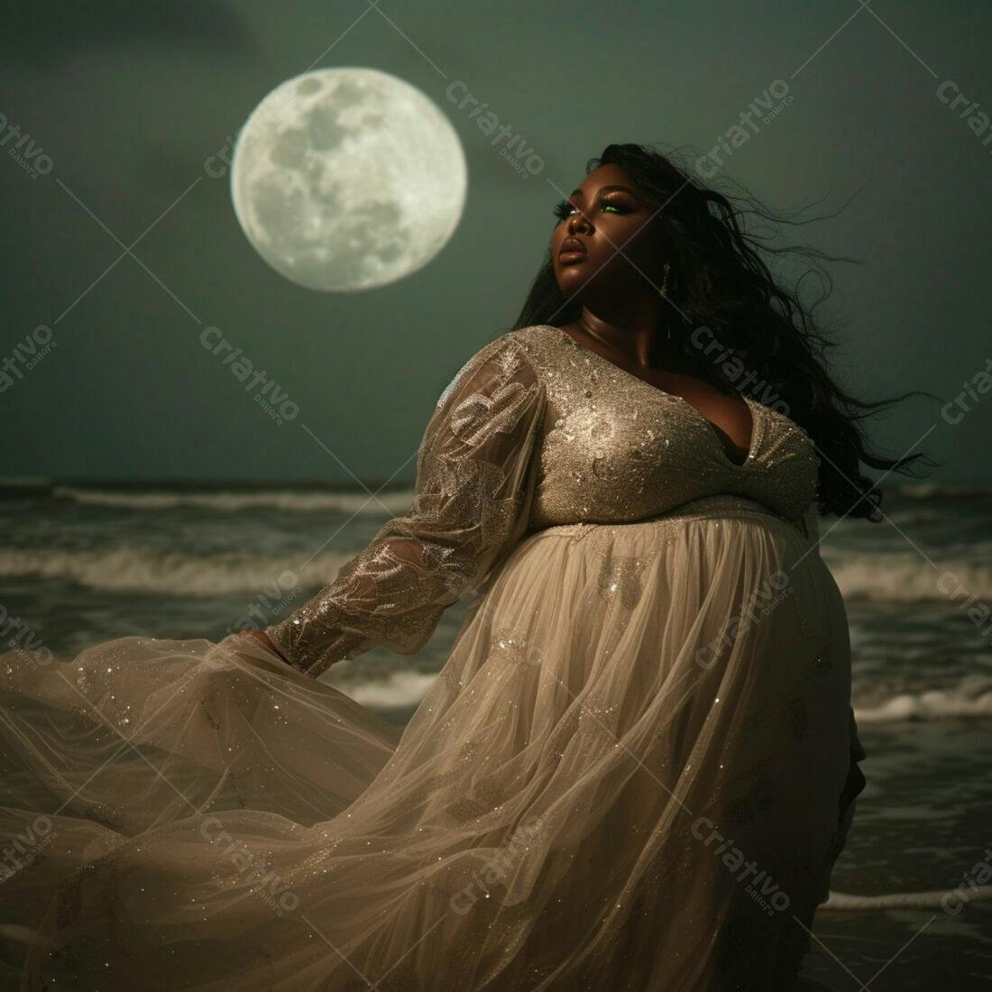 Mulher grávida na praia noite lua cheia