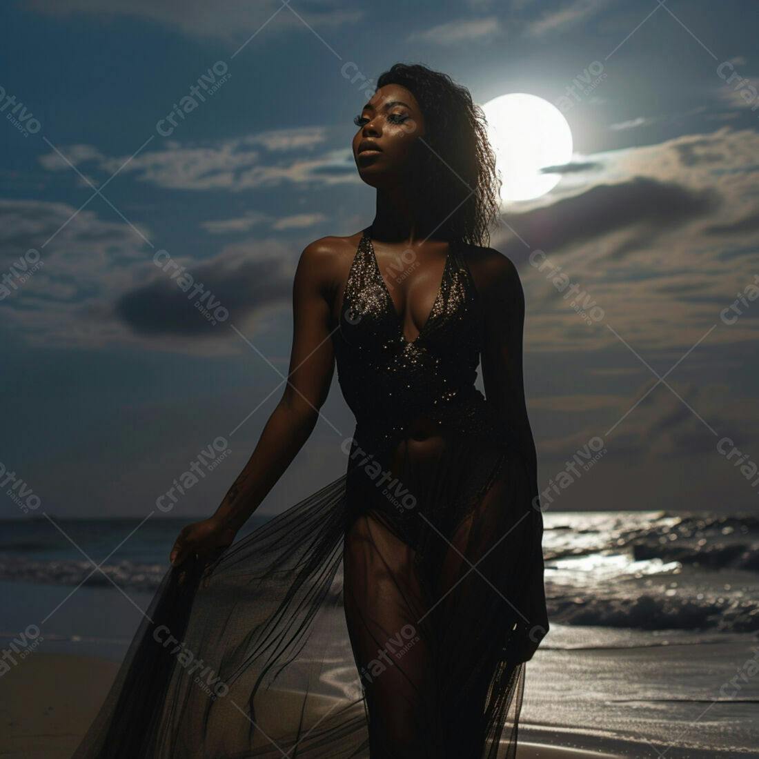 Modelo Negra na Praia Noturna sob a Lua