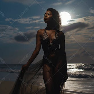 Elegância de uma mulher negra graciosamente sob o brilho prateado da lua cheia 5