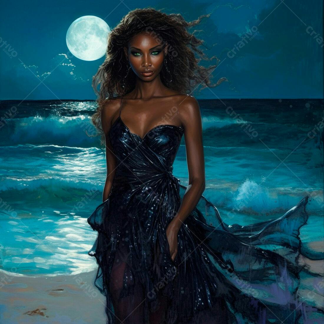 Modelo negra em vestido longo na praia noturna