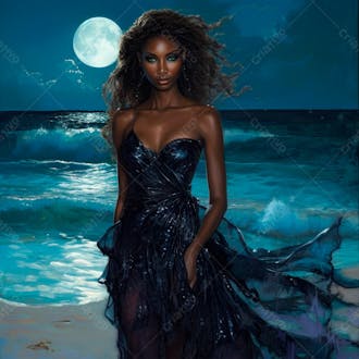 Elegância de uma mulher negra graciosamente sob o brilho prateado da lua cheia 6
