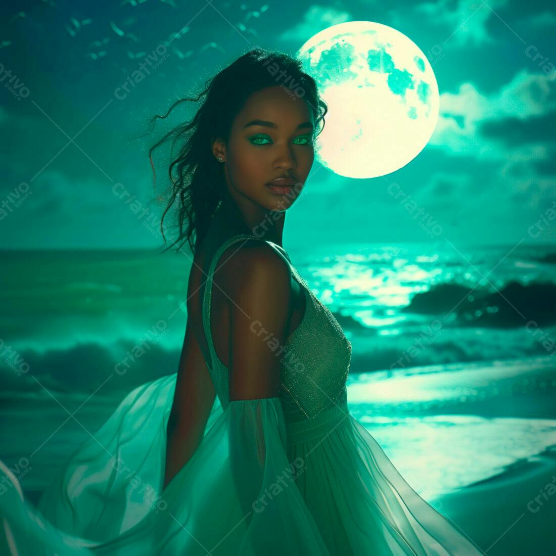 Modelo negra em vestido verde sob a lua