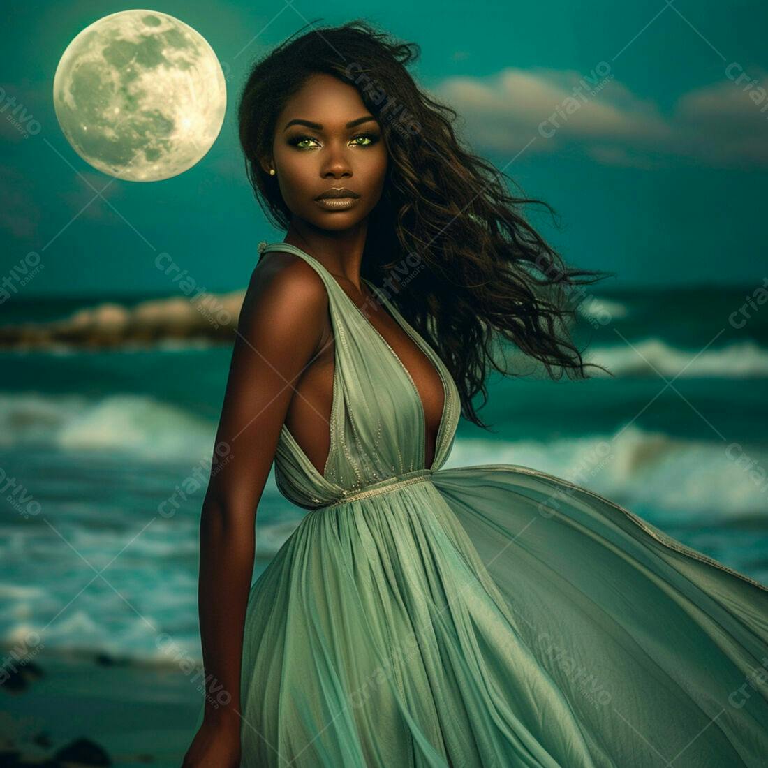 Modelo negra em vestido verde claro na praia noite lua cheia