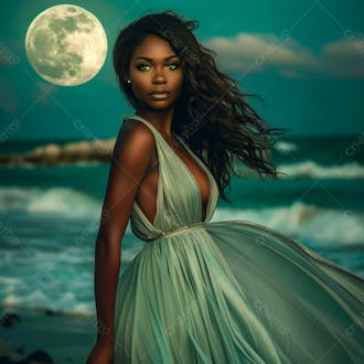 Elegância de uma mulher negra graciosamente sob o brilho prateado da lua cheia 8