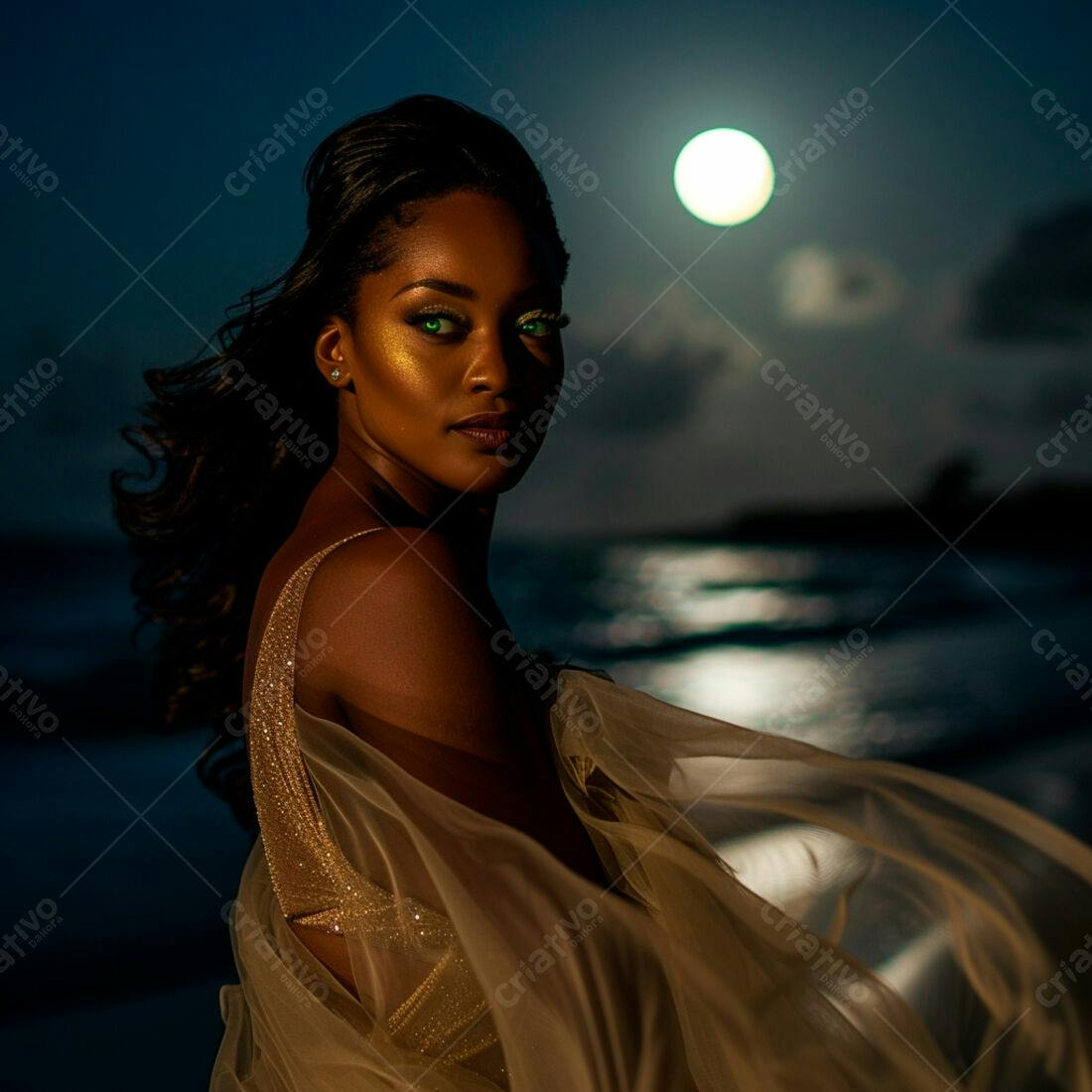 Modelo negra em vestido dourado sob a lua