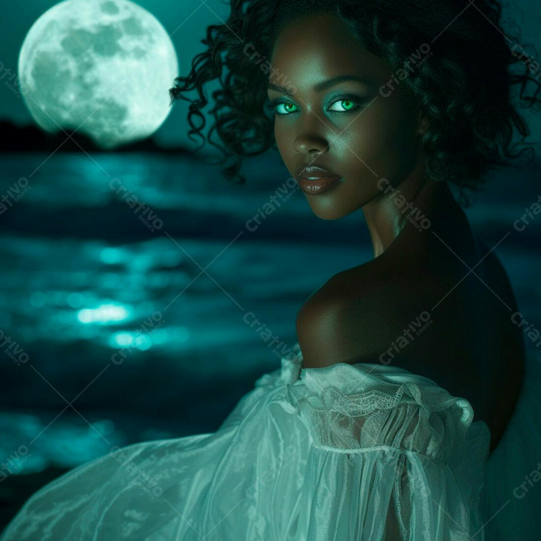 Modelo negra em vestido branco sob a lua