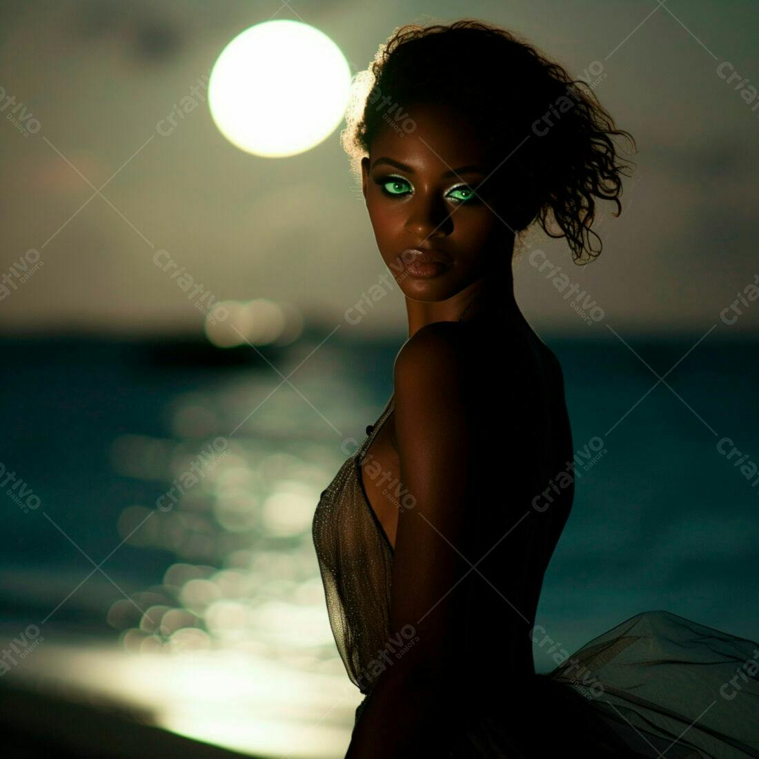 Modelo negra na praia noite lua cheia