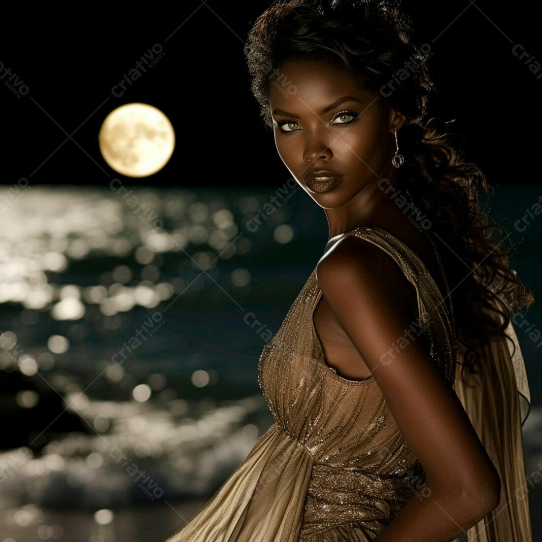 Modelo negra em vestido dourado noite praia lua cheia