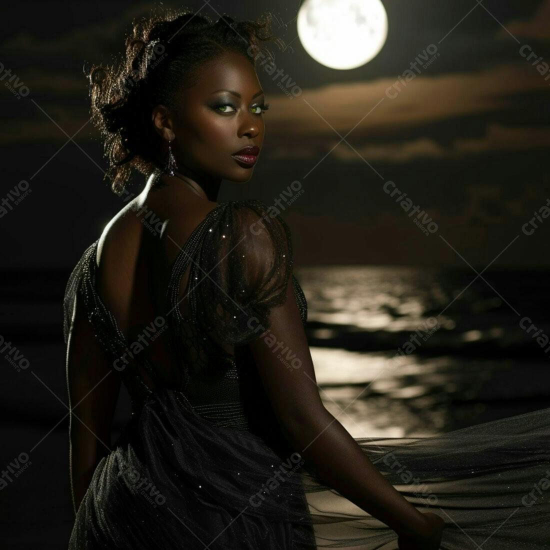 Modelo negra em vestido preto noite lua cheia