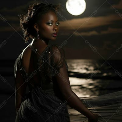 Elegância De Uma Mulher Negra Graciosamente Sob O Brilho Prateado Da Lua Cheia 13