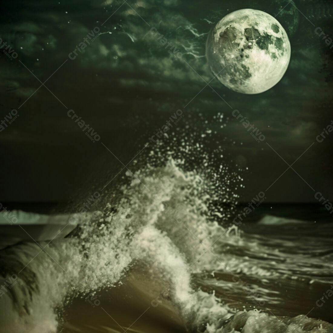 Ondas quebrando sob a lua cheia noturna