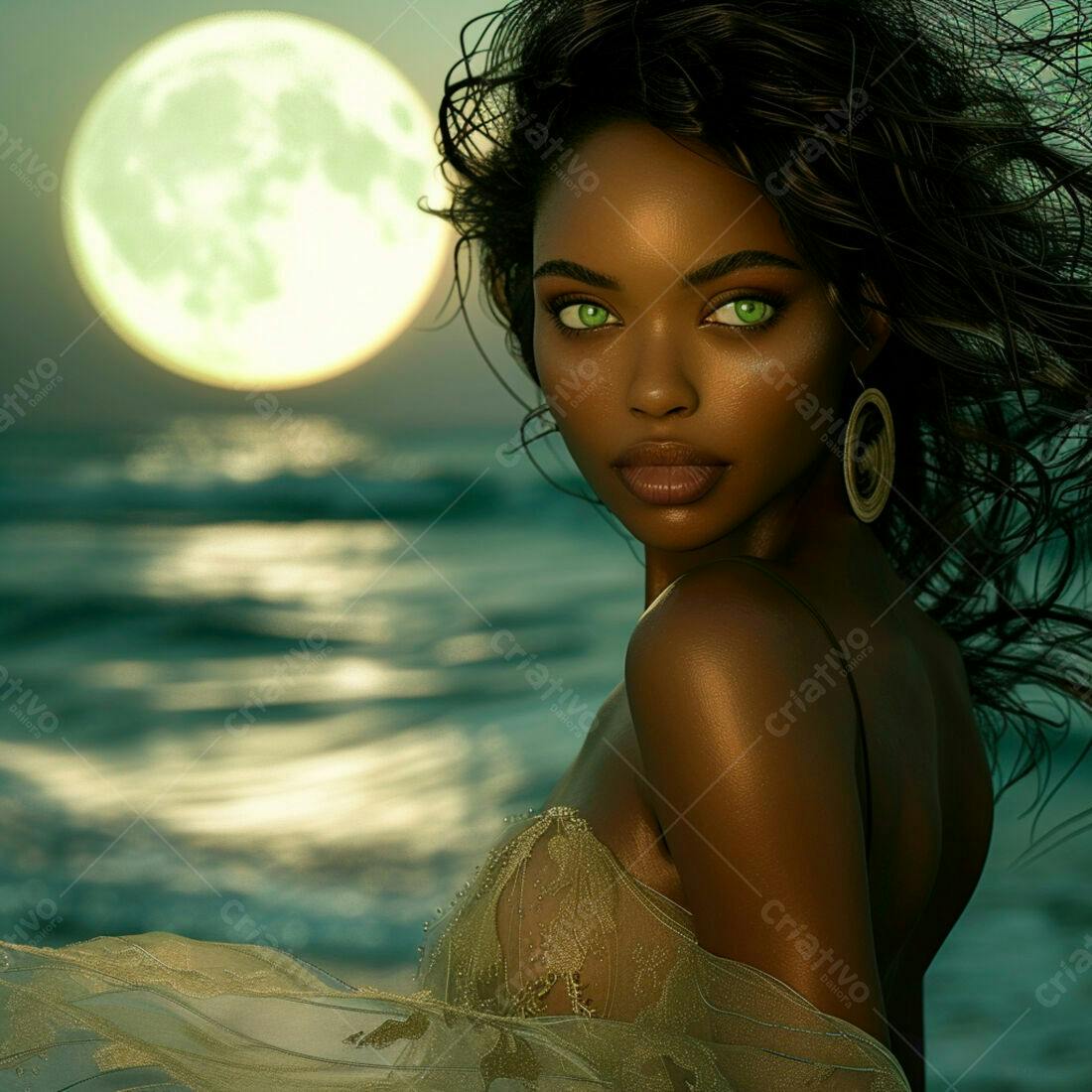Modelo negra na praia ao luar