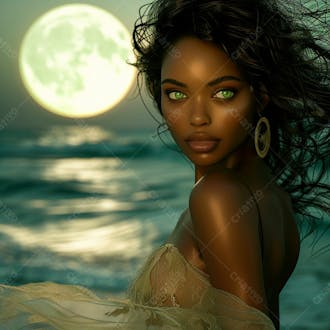 Elegância de uma mulher negra graciosamente sob o brilho prateado da lua cheia 14