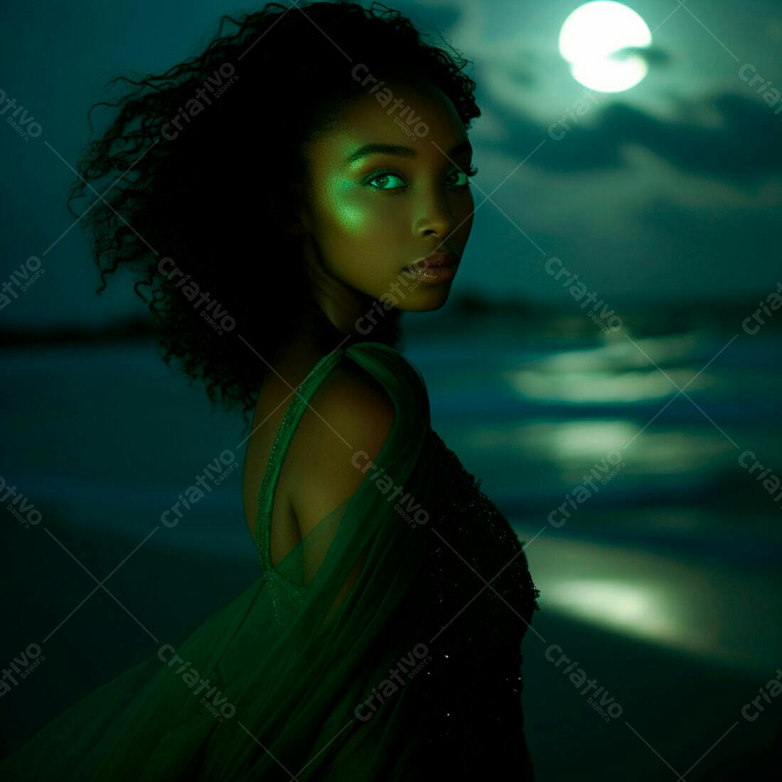 Modelo negra em vestido verde sob a lua cheia
