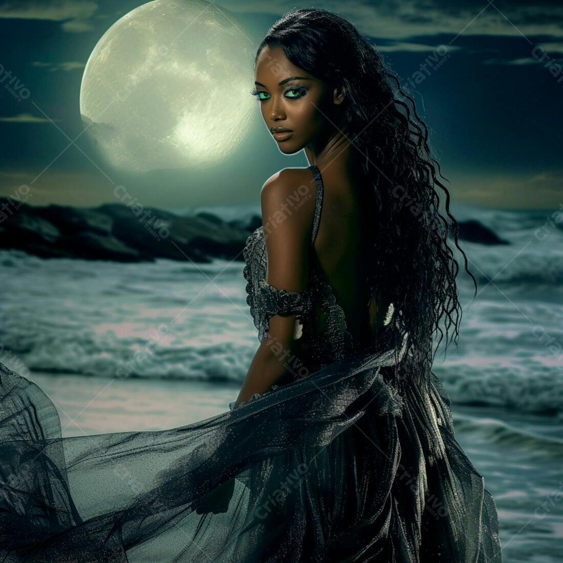 Modelo negra em vestido longo na praia noite lua cheia