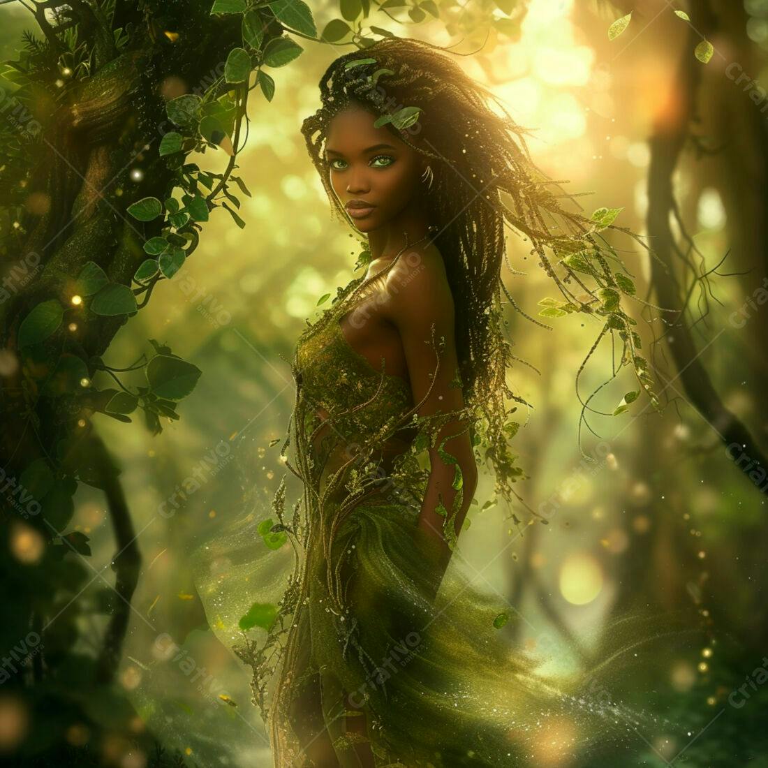 Mulher negra em vestido verde floresta mágica