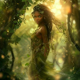 Imagine uma mulher negra parada no coração de uma floresta 1