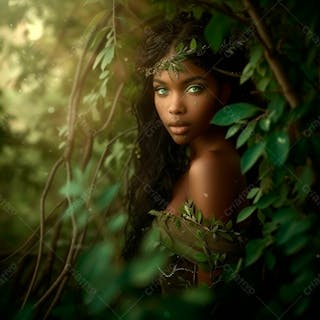 Imagine uma mulher negra parada no coração de uma floresta 3