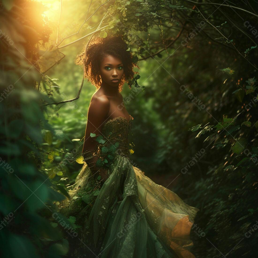 Modelo negra em vestido verde floresta encantada