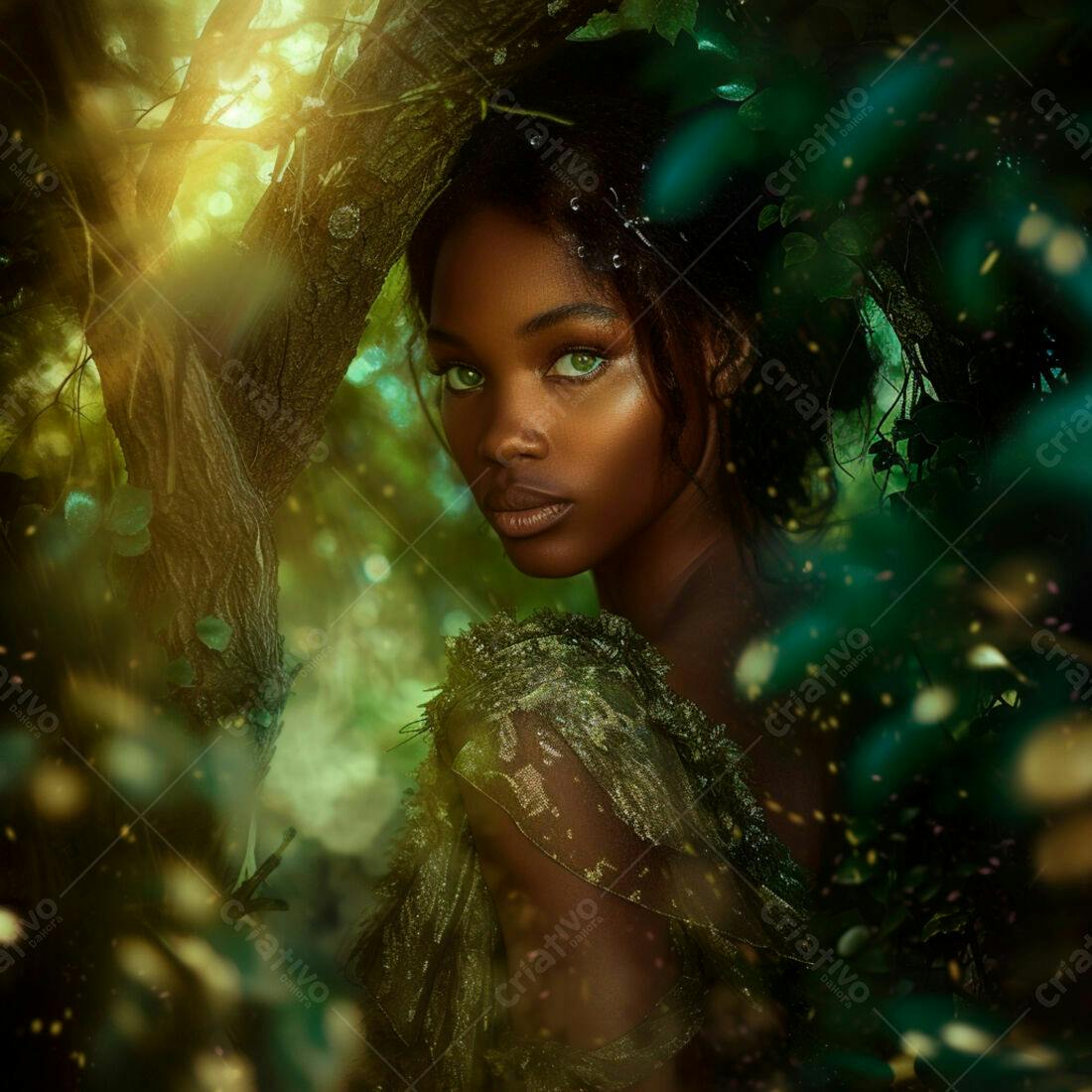 Mulher negra em floresta verde esmeralda