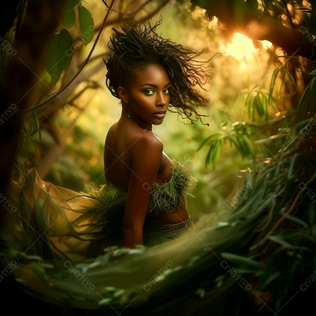 Modelo negra em floresta tropical ao entardecer