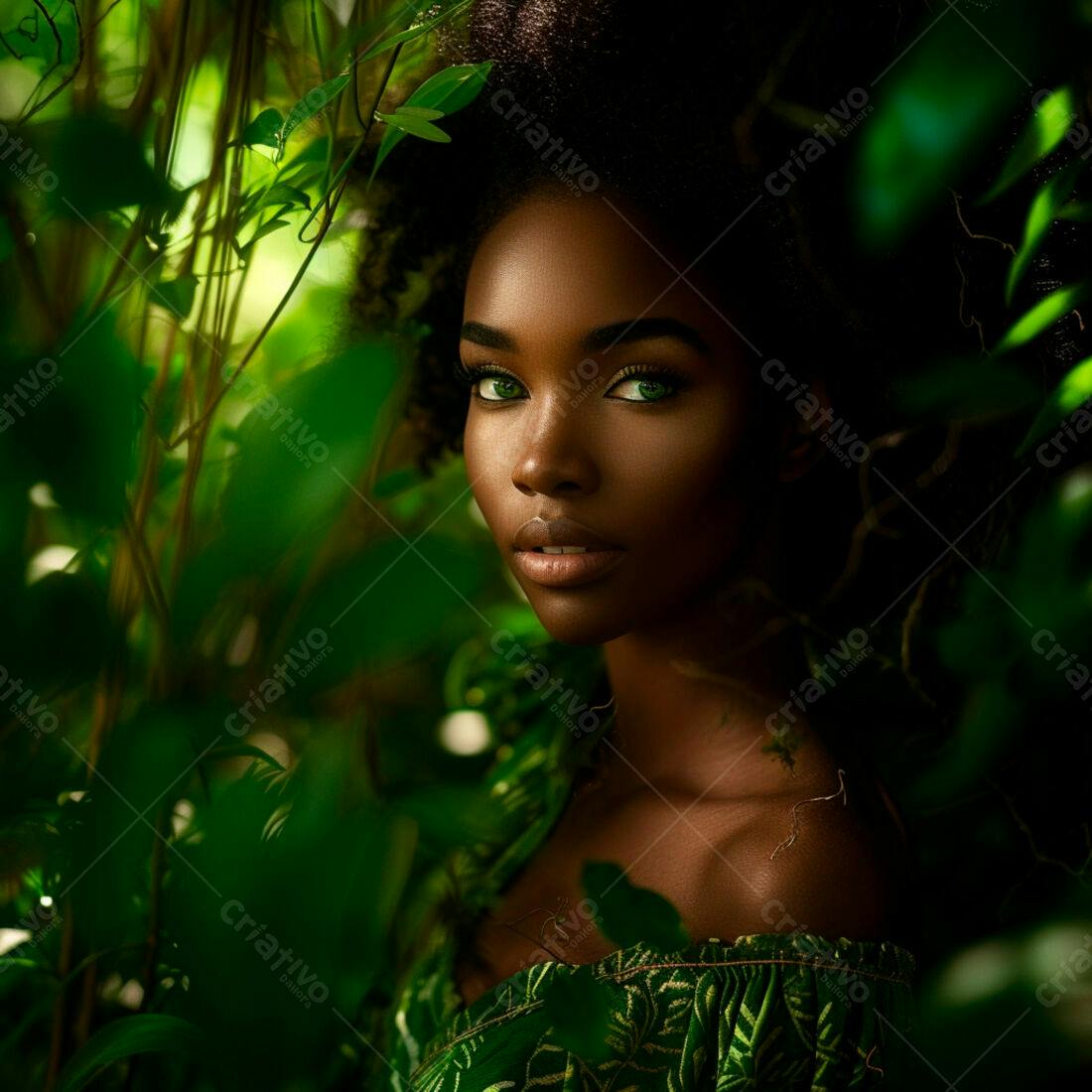 Mulher negra em floresta verdejante