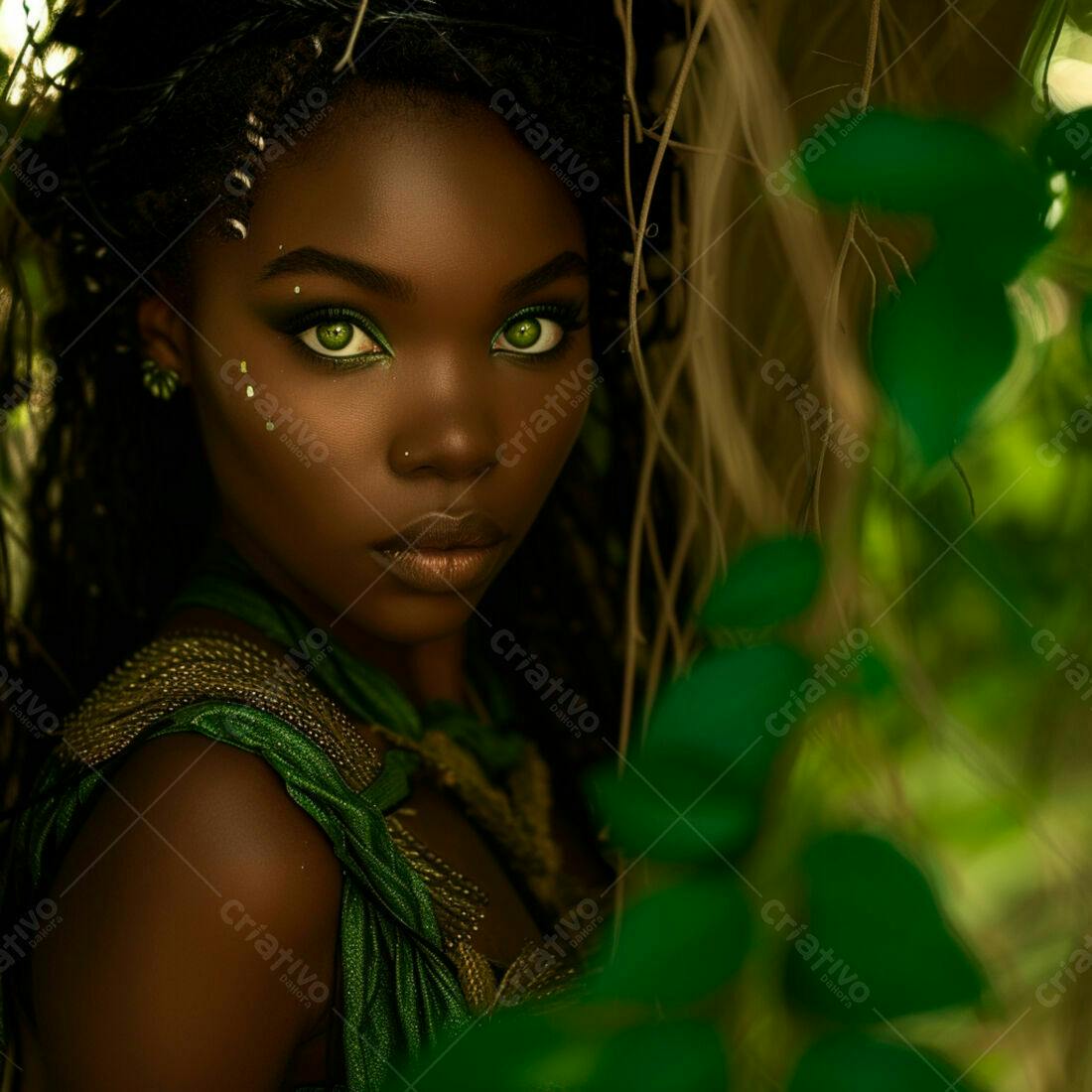 Modelo negra em floresta verde