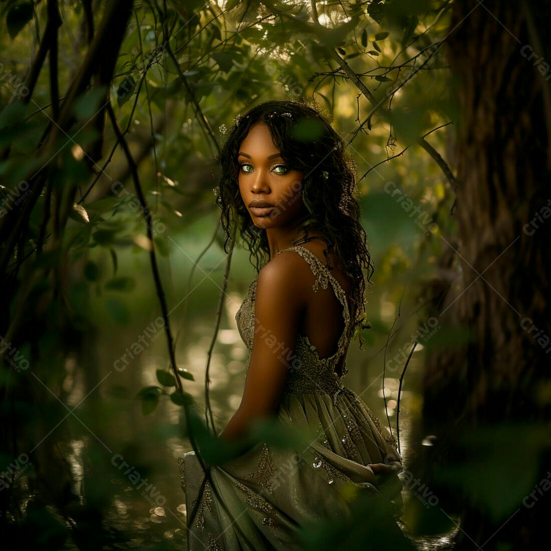 Modelo negra em vestido verde floresta