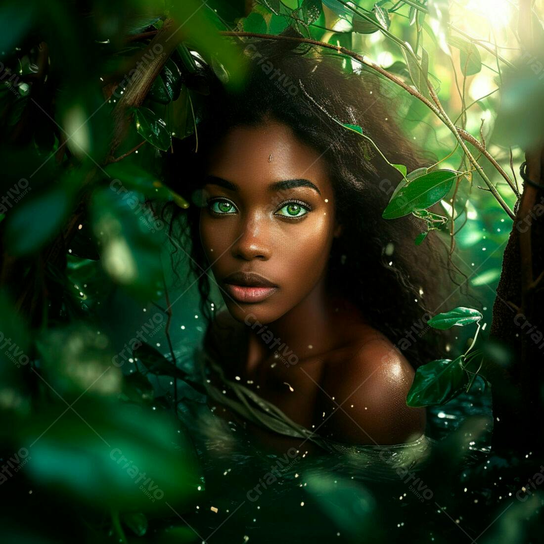Mulher negra em meio a folhagem verde