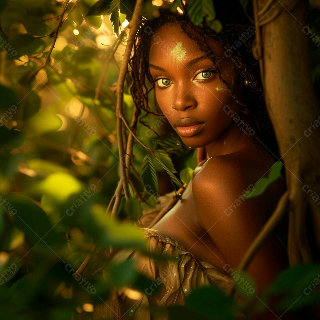 Mulher negra na natureza com luz dourada