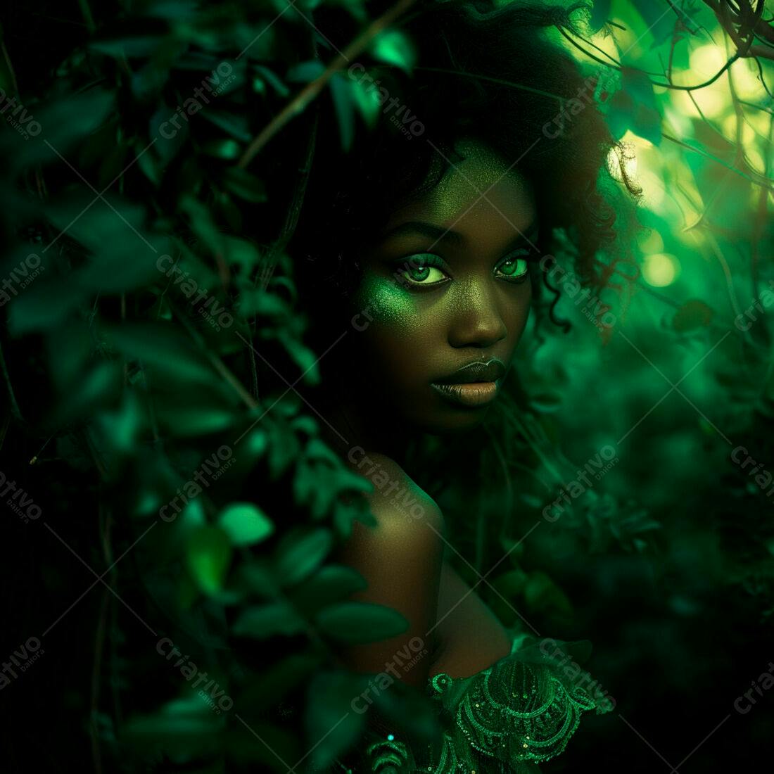 Modelo negra em floresta verde escura