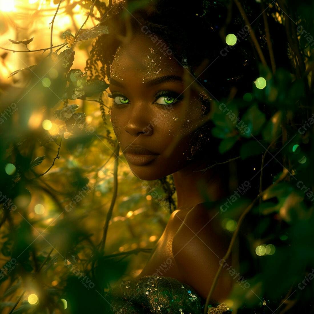 Mulher negra em floresta mágica com brilho dourado